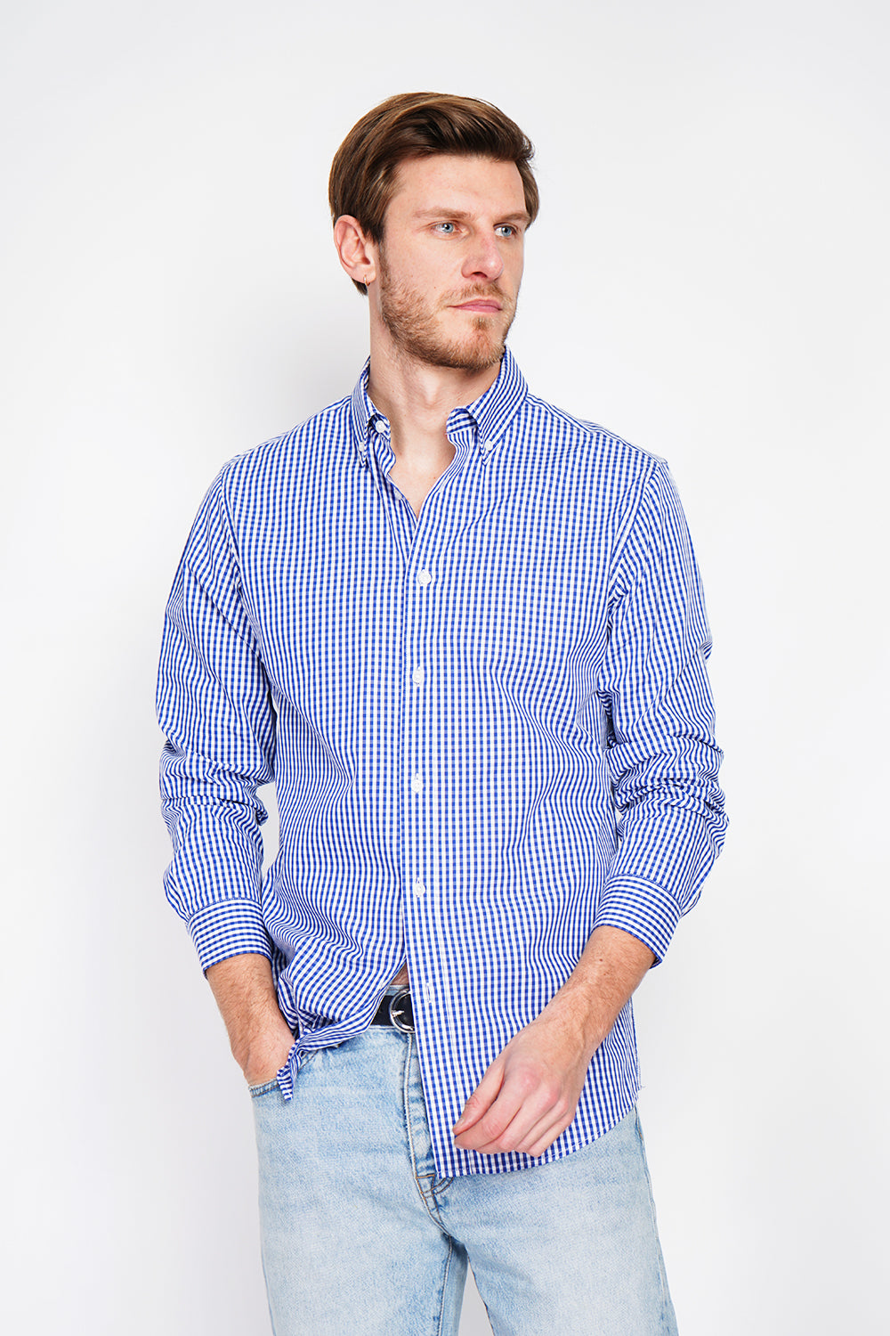 Chemise à carreaux en sergé de coton col italien – Bleu marine – William de Faye