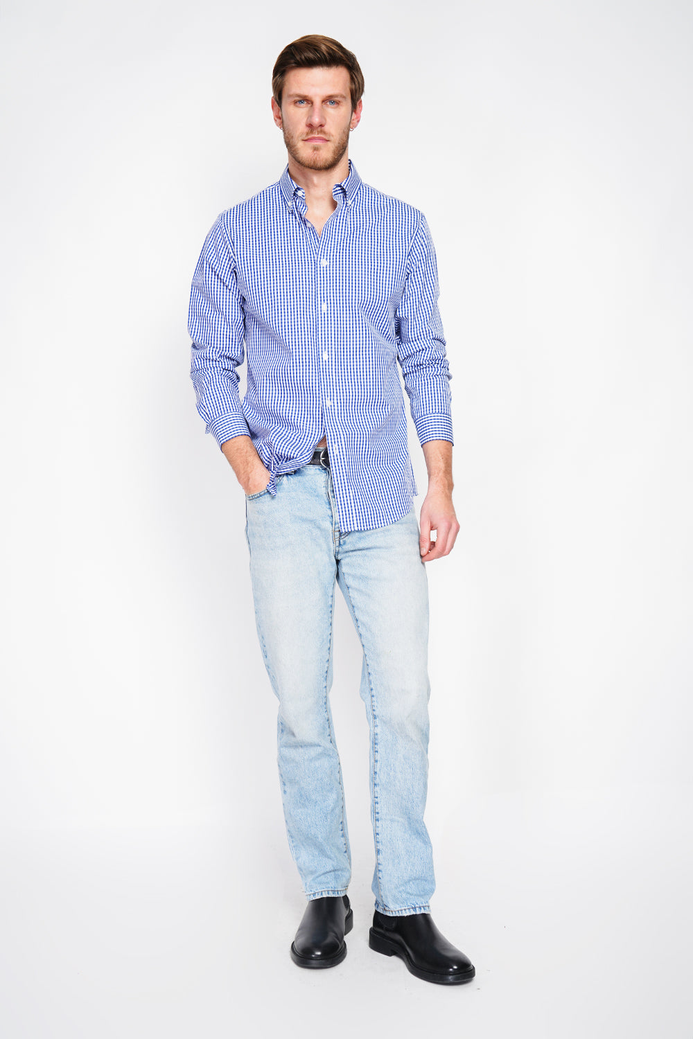 Chemise à carreaux en sergé de coton col italien – Bleu marine – William de Faye