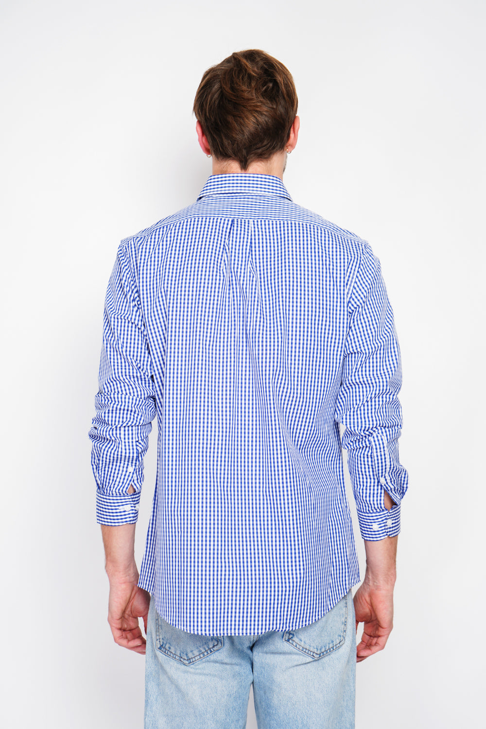 Chemise à carreaux en sergé de coton col italien – Bleu marine – William de Faye