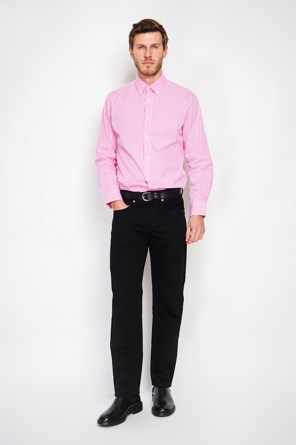 Chemise à carreaux en sergé de coton col italien – Rose – William de Faye