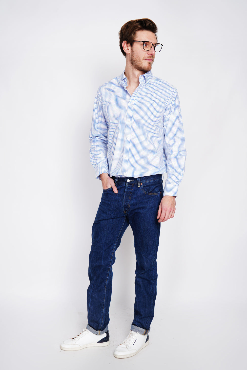 Chemise à carreaux en sergé de coton col italien – Blanc/Bleu – William de Faye