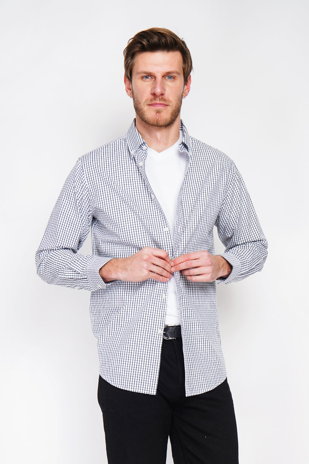 Chemise à carreaux en sergé de coton col italien – Blanc/Noir – William de Faye