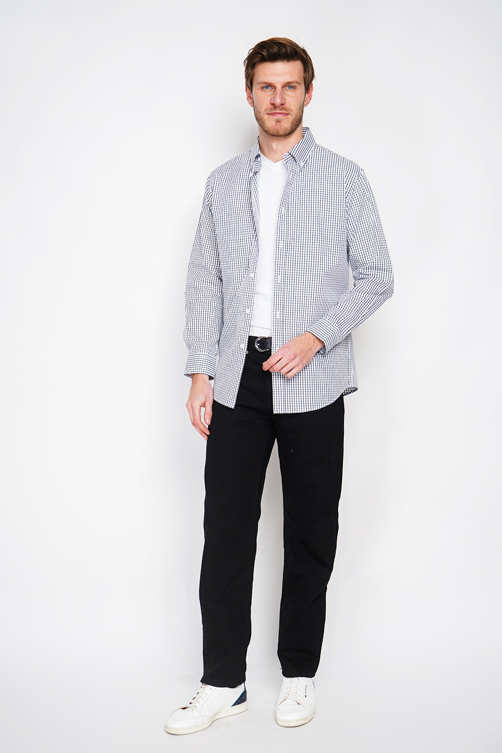 Chemise à carreaux en sergé de coton col italien – Blanc/Noir – William de Faye