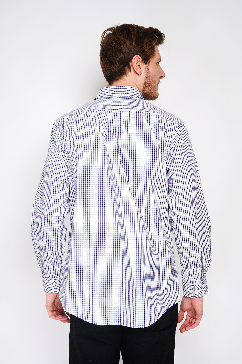 Chemise à carreaux en sergé de coton col italien – Blanc/Noir – William de Faye