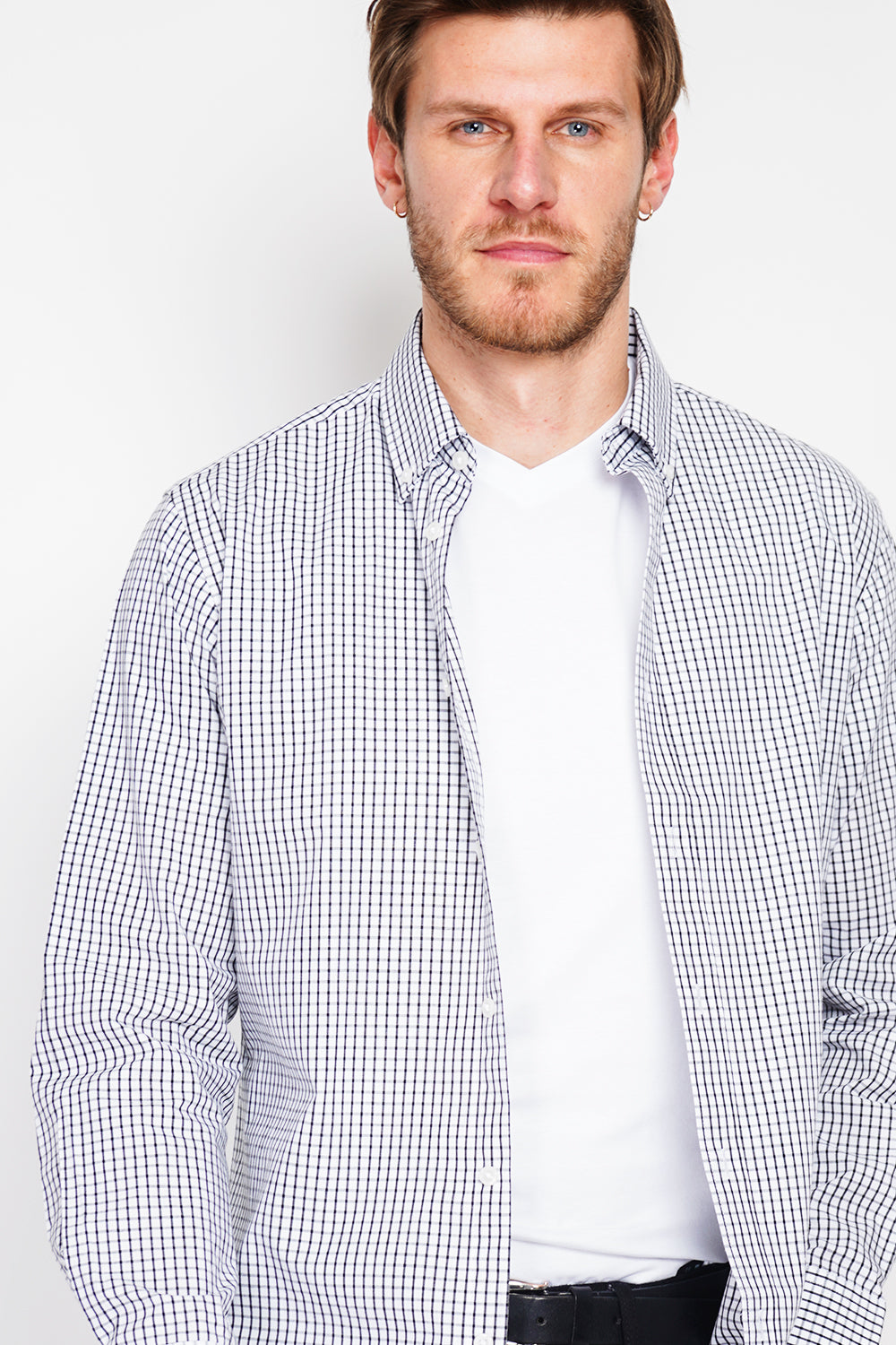 Chemise à carreaux en sergé de coton col italien – Blanc/Noir – William de Faye