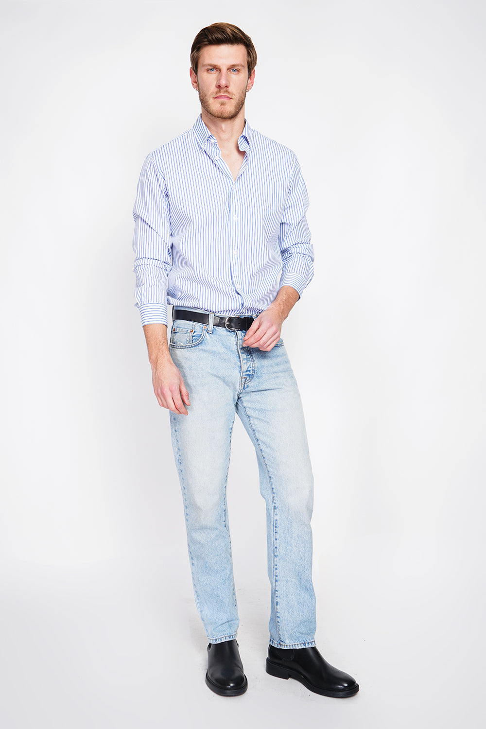 Chemise rayée en sergé de coton col italien – Bleu azur – William de Faye
