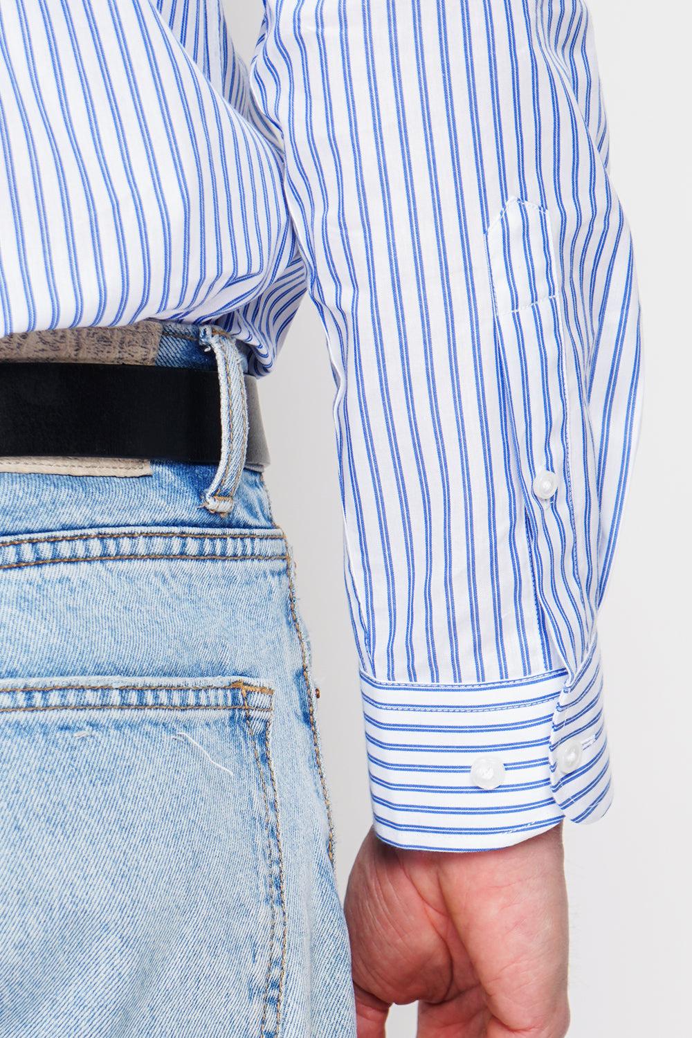 Chemise rayée en sergé de coton col italien – Bleu azur – William de Faye