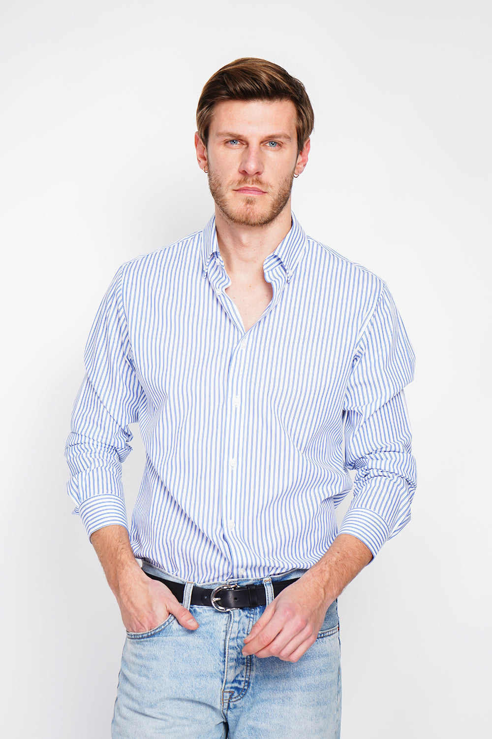 Chemise rayée en sergé de coton col italien – Bleu azur – William de Faye