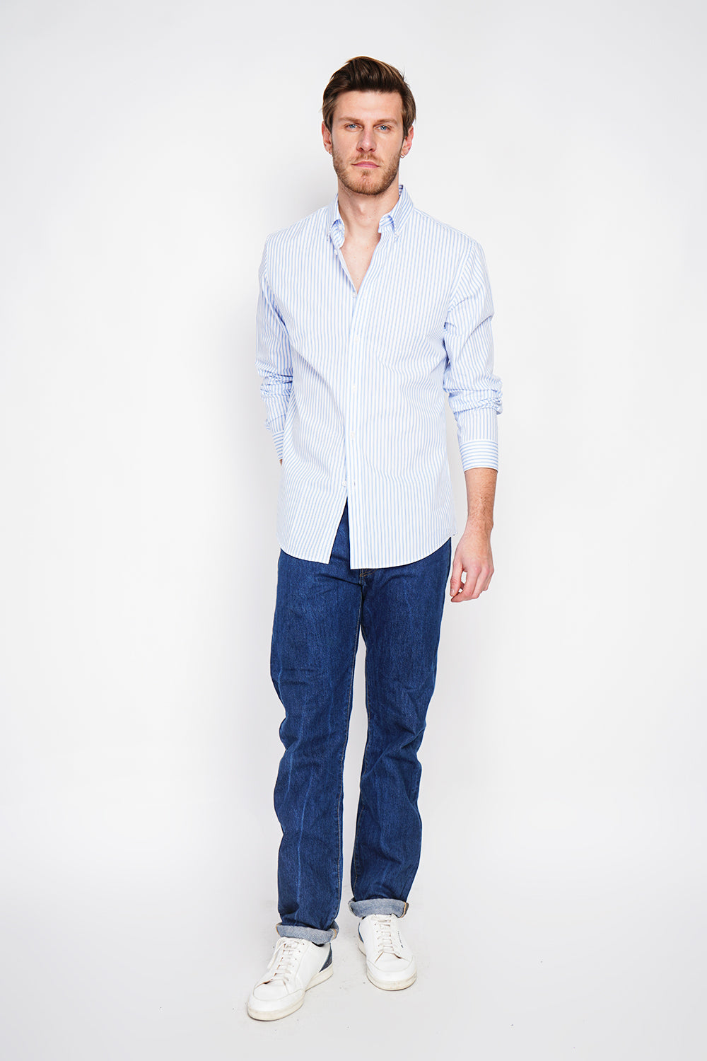 Chemise rayée en sergé de coton col italien – Bleu ciel – William de Faye