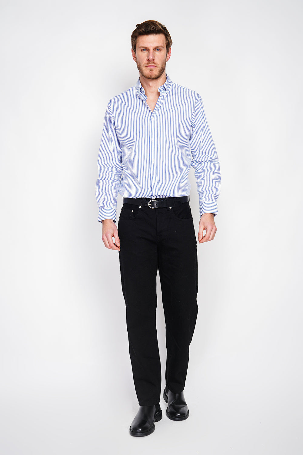 Chemise rayée en sergé de coton col italien – Bleu marine – William de Faye