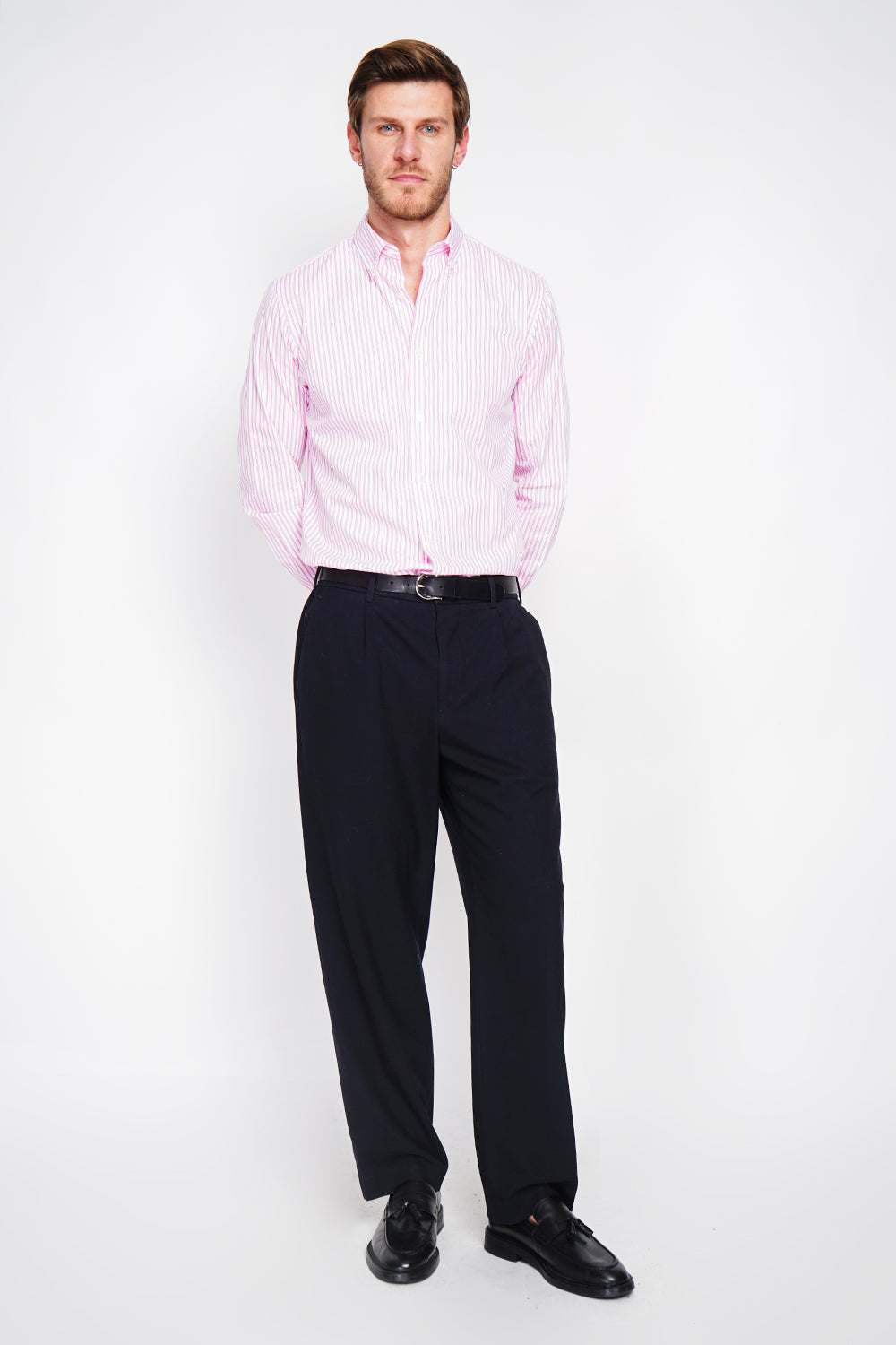 Chemise rayée en sergé de coton col italien – Rose – William de Faye