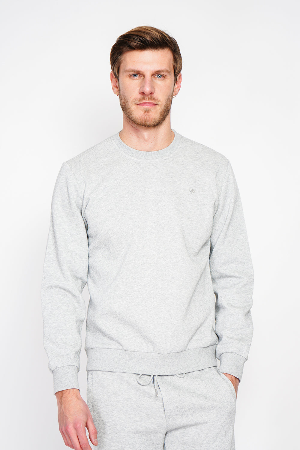 Double-sided fleece crew neck sweatshirt with chest logo