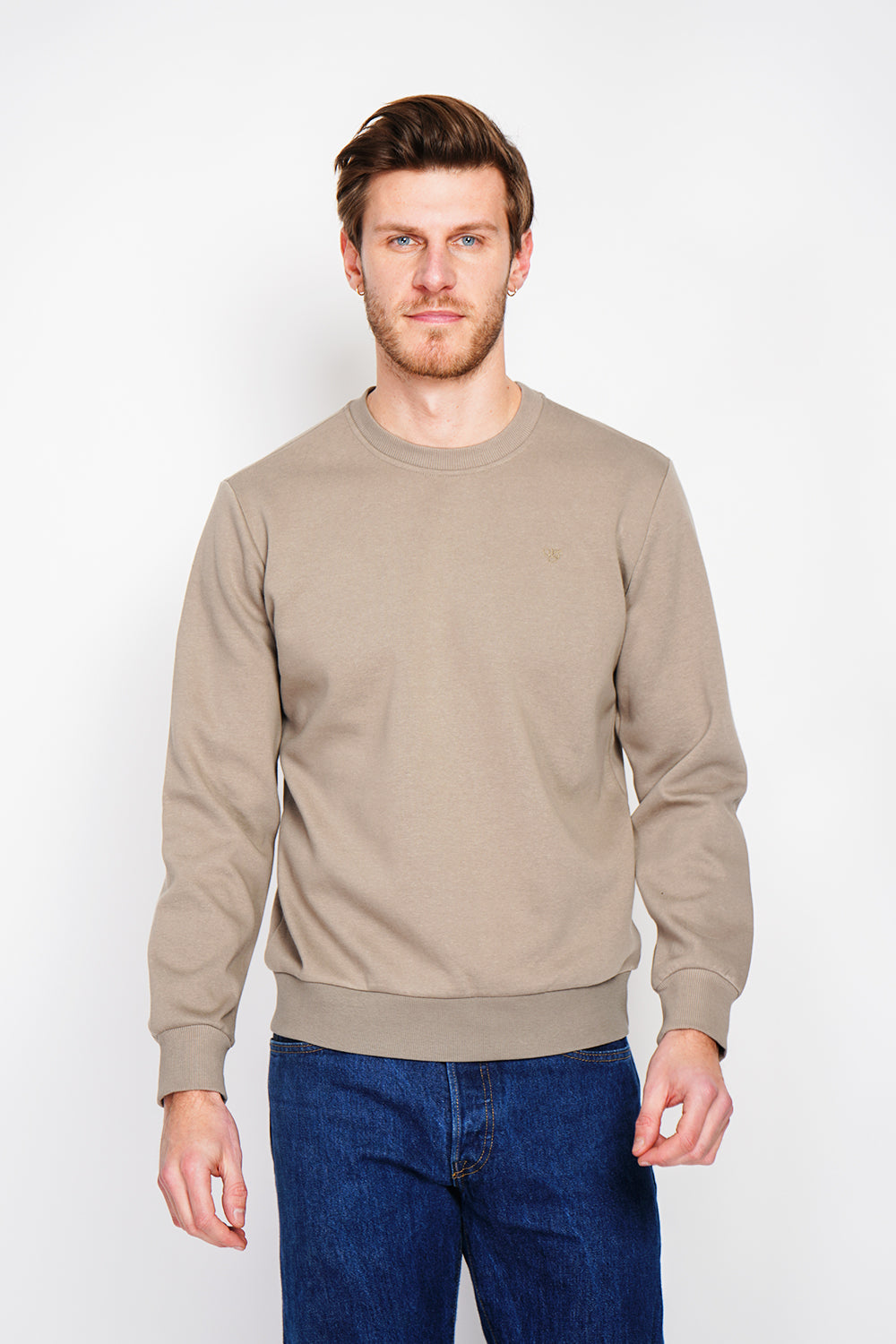 Double-sided fleece crew neck sweatshirt with chest logo