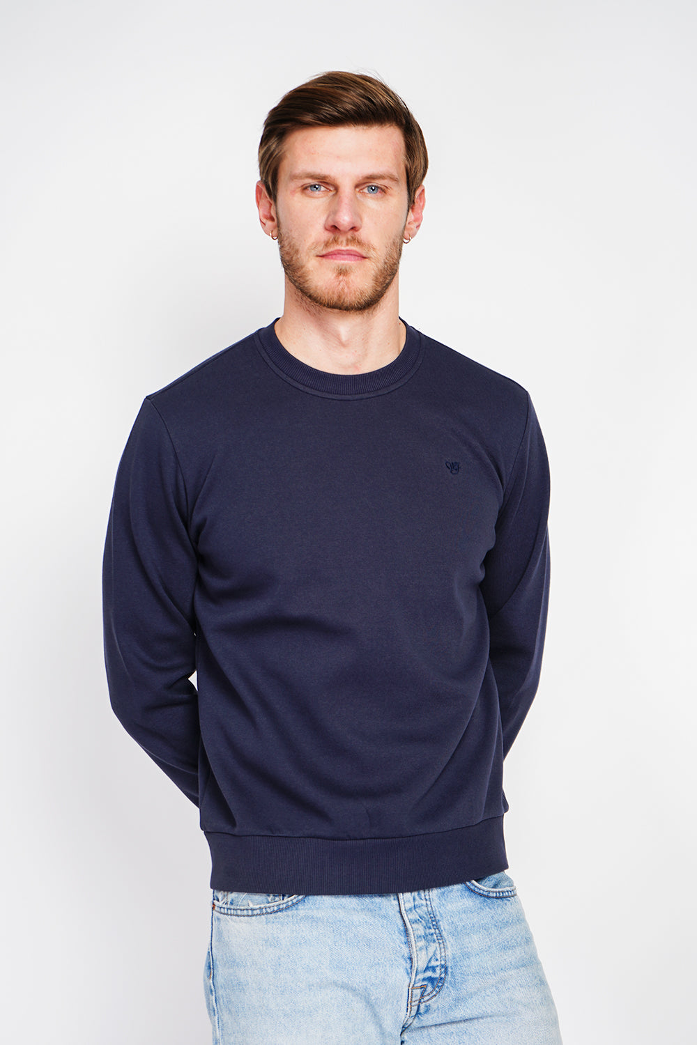 Double-sided fleece crew neck sweatshirt with chest logo