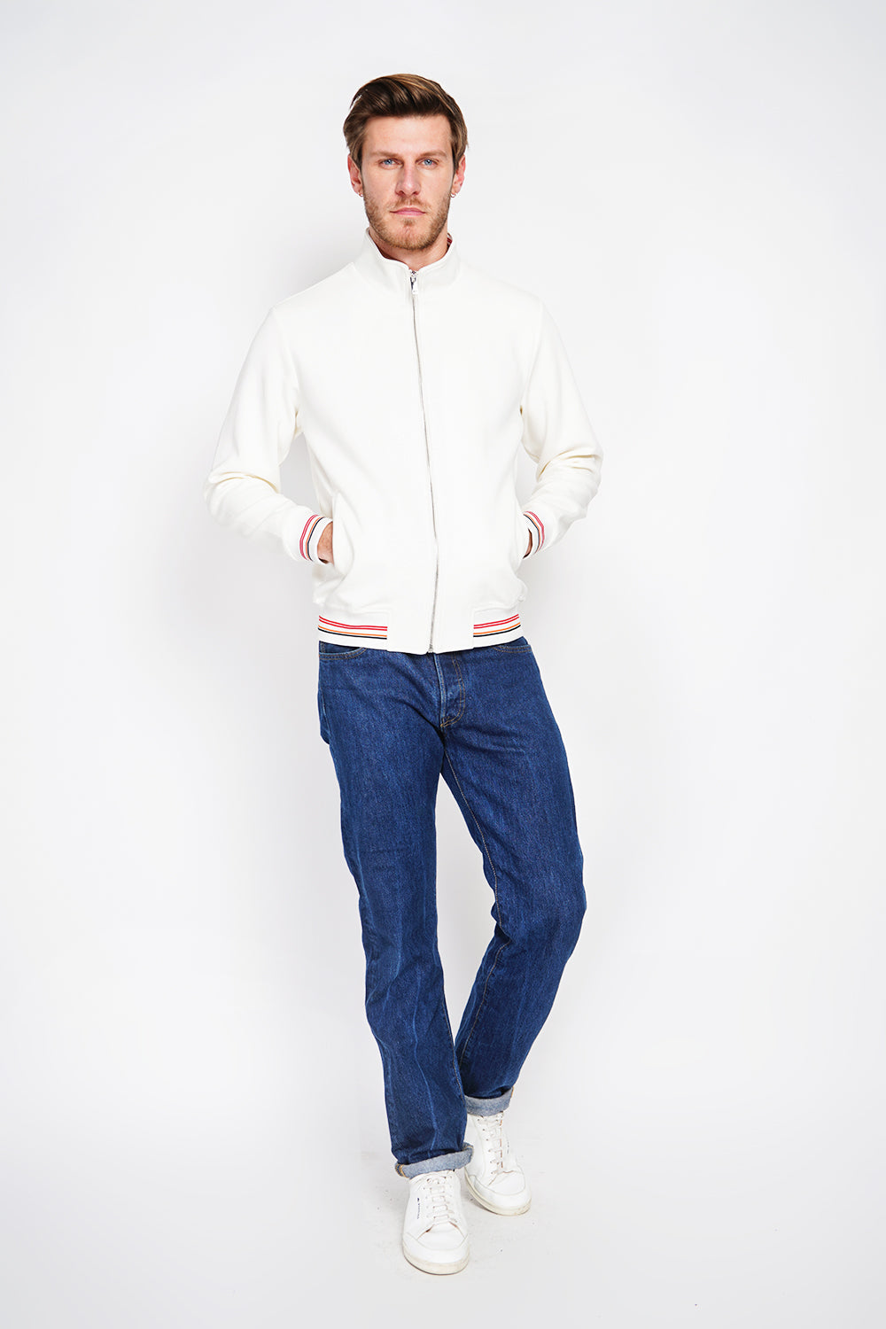 Gilet zippé col montant en molleton – Blanc cassé – William de Faye