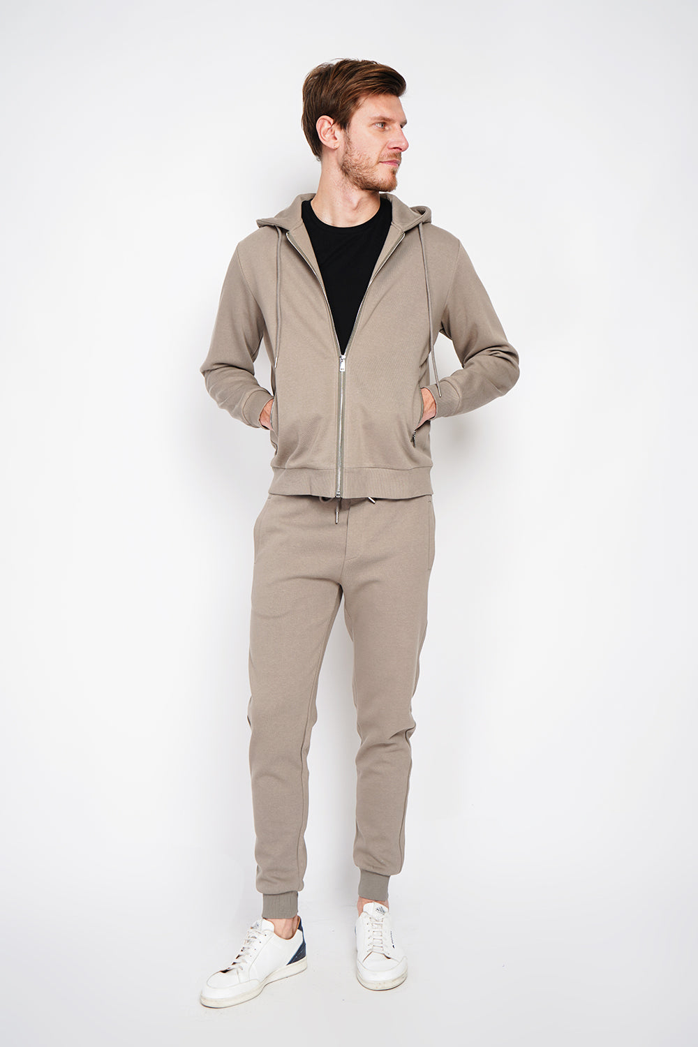 Gilet zippé à capuche en molleton – Kaki clair – William de Faye