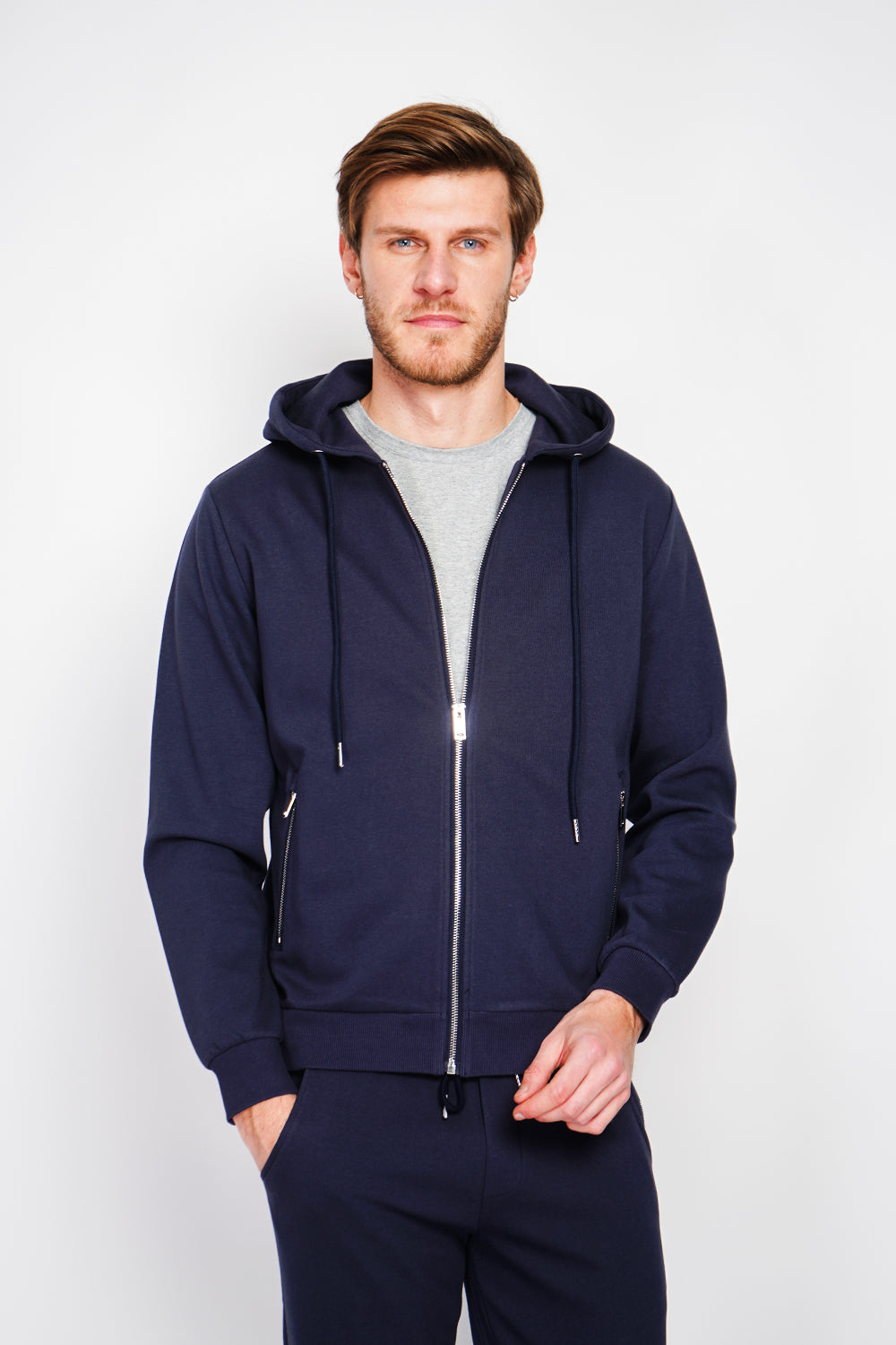 Double-sided fleece zip-up hooded vest with drawstring adjustment