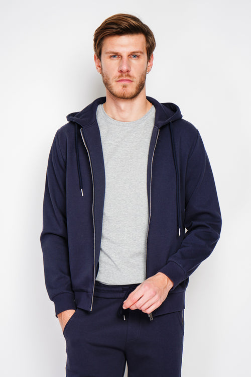 Double-sided fleece zip-up hooded vest with drawstring adjustment – Navy – William de Faye