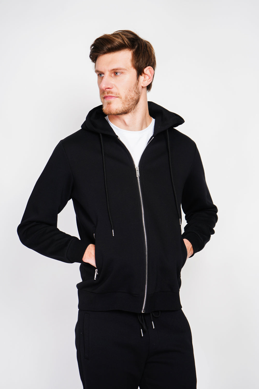 Double-sided fleece zip-up hooded vest with drawstring adjustment