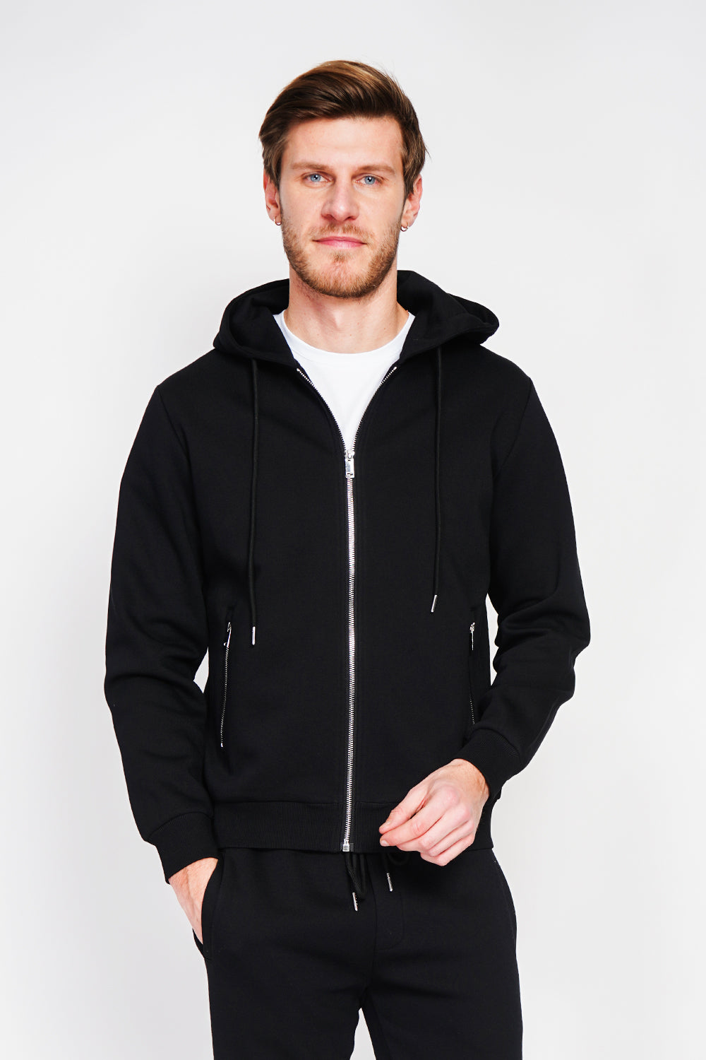 Double-sided fleece zip-up hooded vest with drawstring adjustment