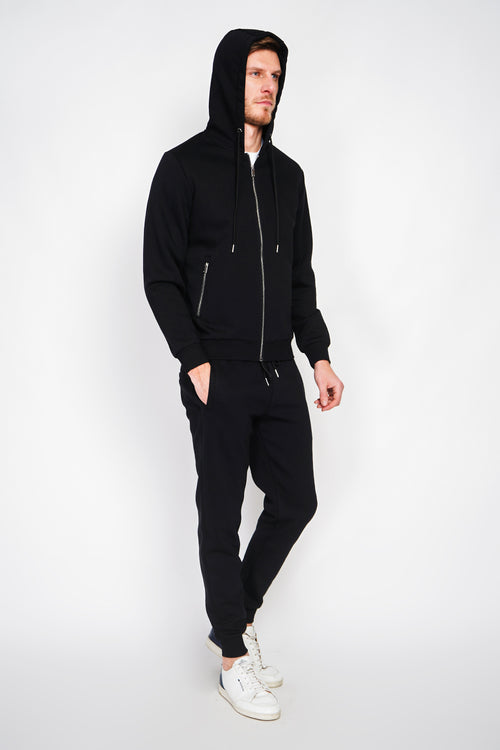 Double-sided fleece zip-up hooded vest with drawstring adjustment – Black – William de Faye