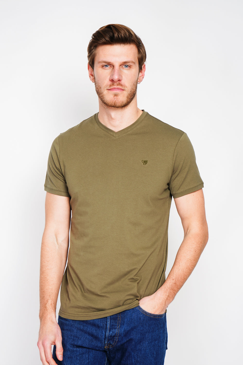 T-shirt col V manches courtes logo poitrine – Kaki – William de Faye