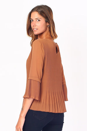 ROUND COLLAR TOP WITH BACK OPENING AND PLEATED DETAILS