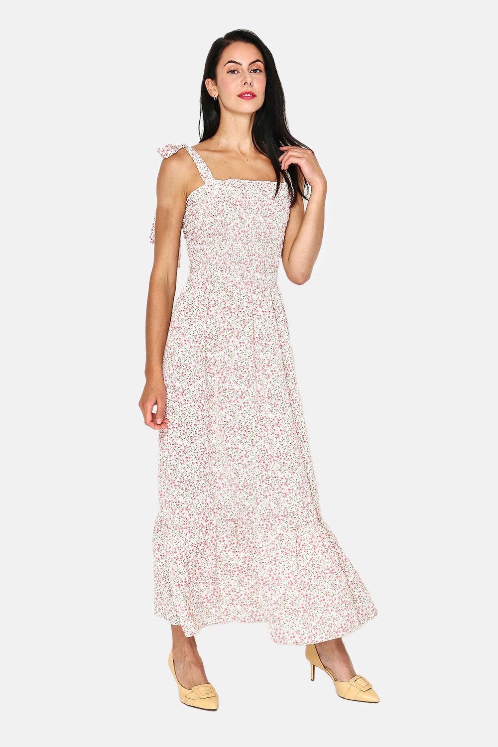 Long floral dress with smocked detail