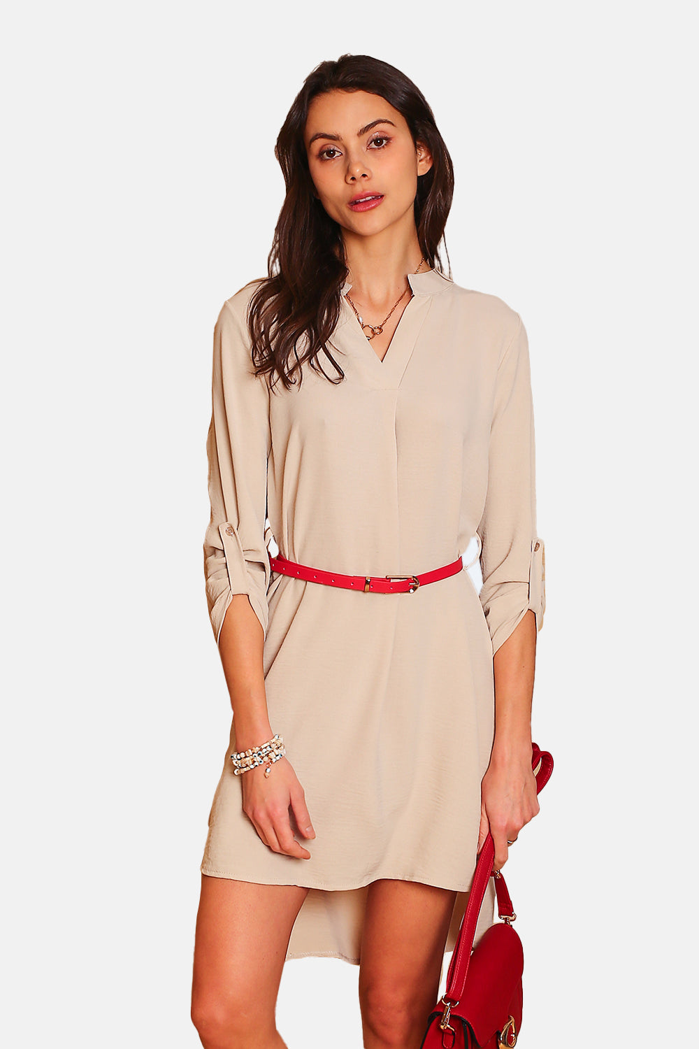 Kleid mit Henley-Kragen, schickem Gürtel und langen Ärmeln