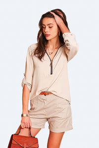 Zipped V neckline shirt with 3/4 sleeves