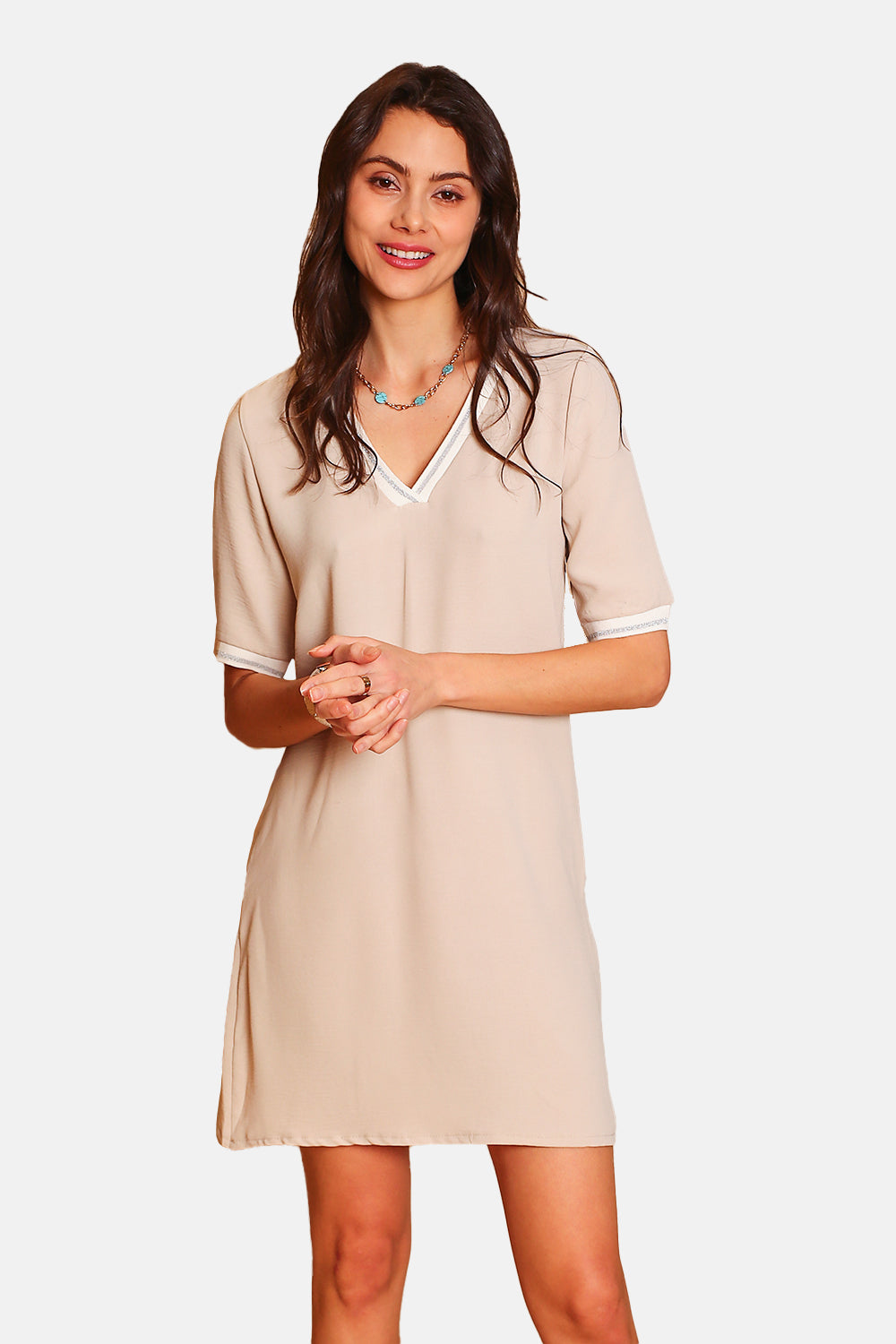 Fancy bicolor V-cross dress with 3/4 sleeves