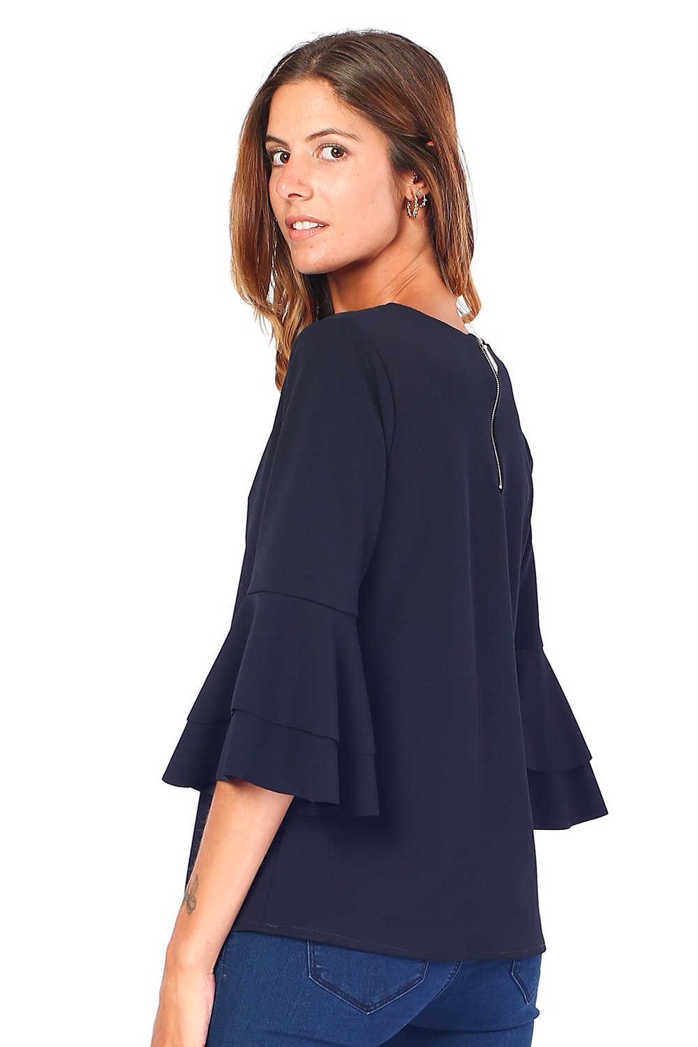 ROUND COLLAR TOP WITH BACK ZIPPING AND RUFFLED HALF-SLEEVES