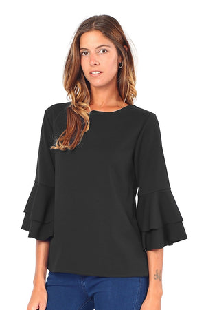 ROUND COLLAR TOP WITH BACK ZIPPING AND RUFFLED HALF-SLEEVES