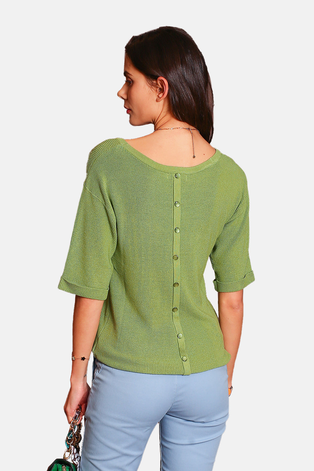 Boat neck jumper with short sleeves back button to wear two ways