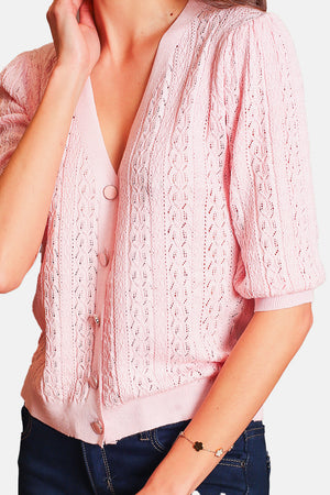 V-neck cardigan with 3/4 balloon sleeves