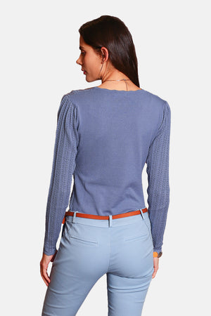 V-neck sweater with fancy knit length sleeves and scalloped finishes