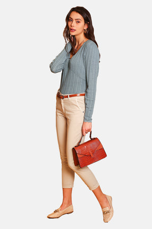 V-neck sweater with fancy knit length sleeves and scalloped finishes