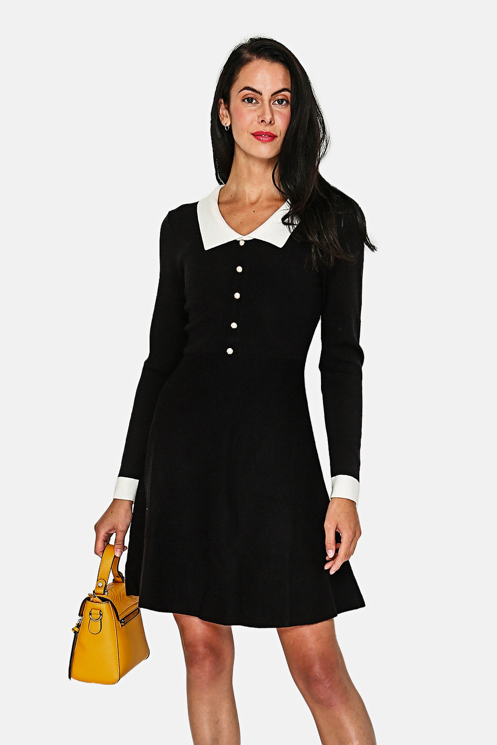 Black dress with white collar pearl buttons in front