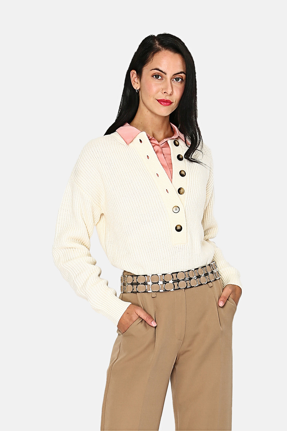 High neck sweater Fancy buttoning Rib knit