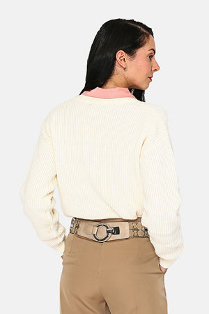 High neck sweater Fancy buttoning Rib knit