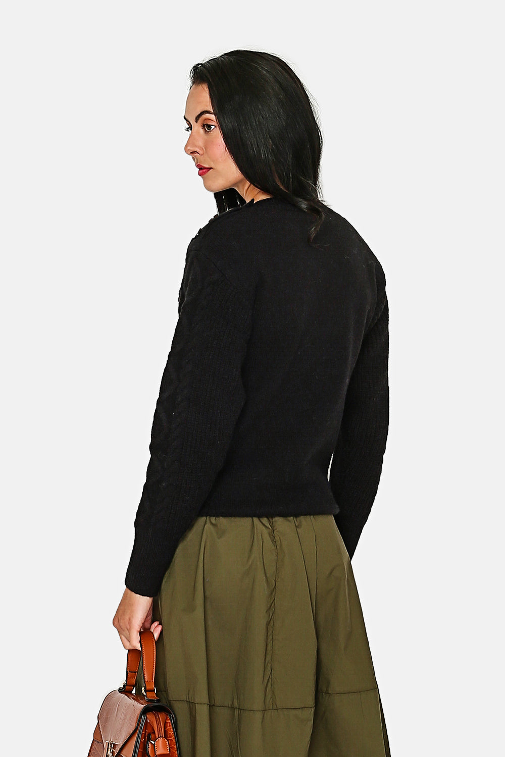 Slightly high neck sweater with fancy buttons on the shoulder