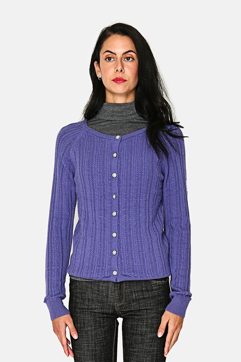 Round neck cardigan with buttons, fancy knitting