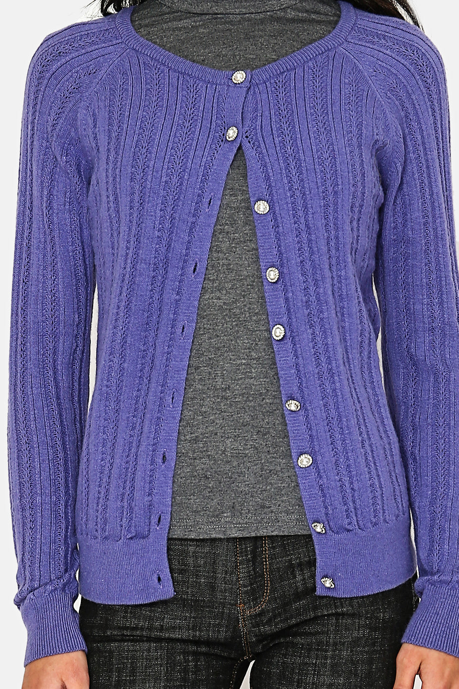 Round neck cardigan with buttons, fancy knitting