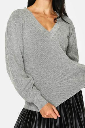 Sweater with large V-neck, long, slightly balloon sleeves