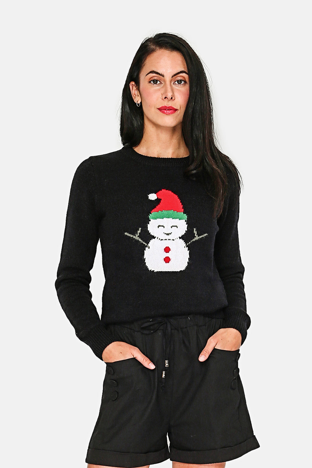Round neck Christmas sweater with snowflake on the elbow