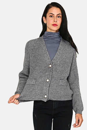V-neck cardigan with buttons and fancy knitting