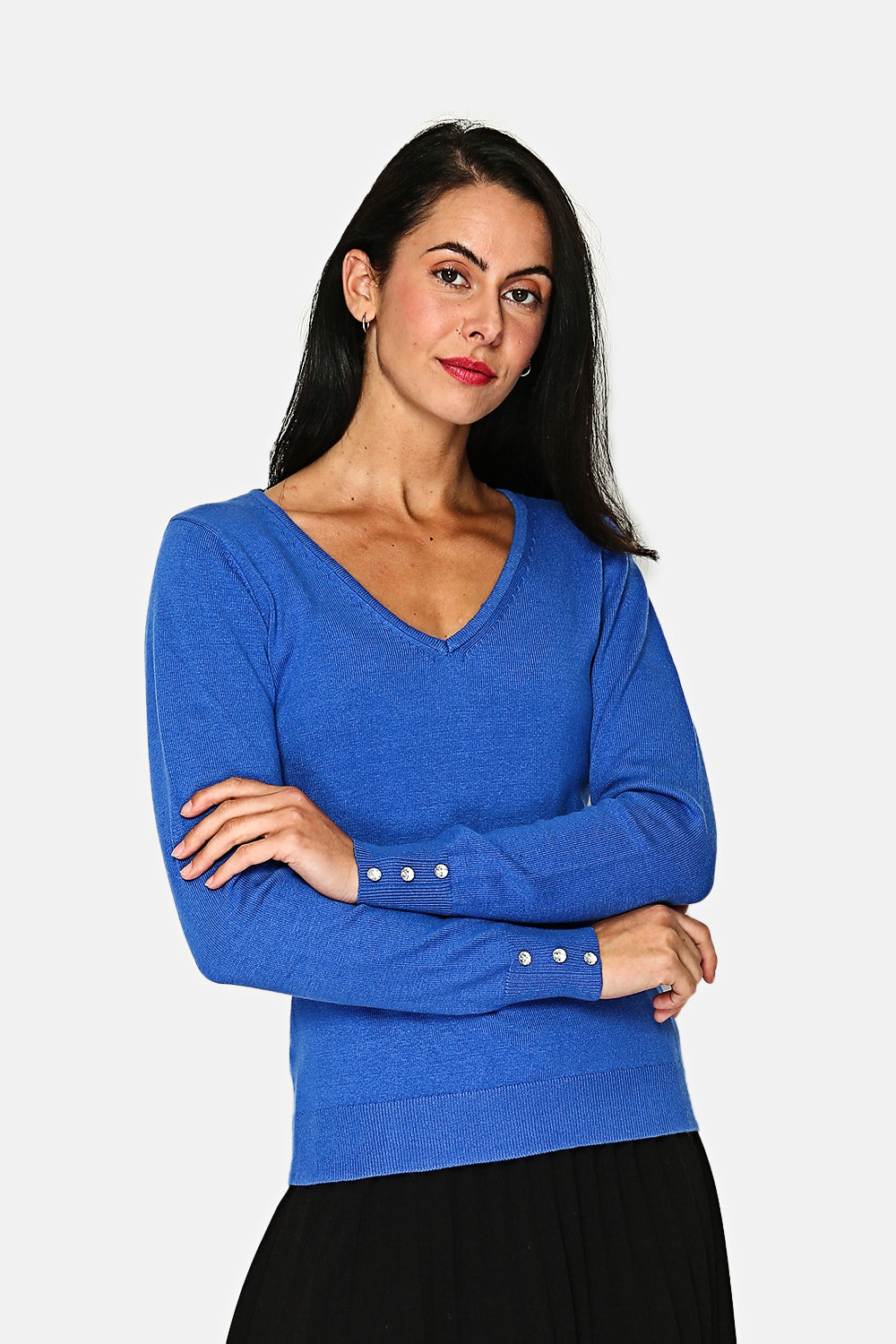 V-neck sweater with diamond buttons on 2-ply sleeves