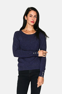 Round neck sweater with diamond buttons on 2-ply sleeves