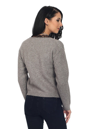 V-NECK SWEATER WITH LACE ON COLLAR