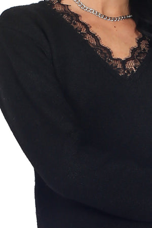 V-NECK SWEATER WITH LACE ON COLLAR